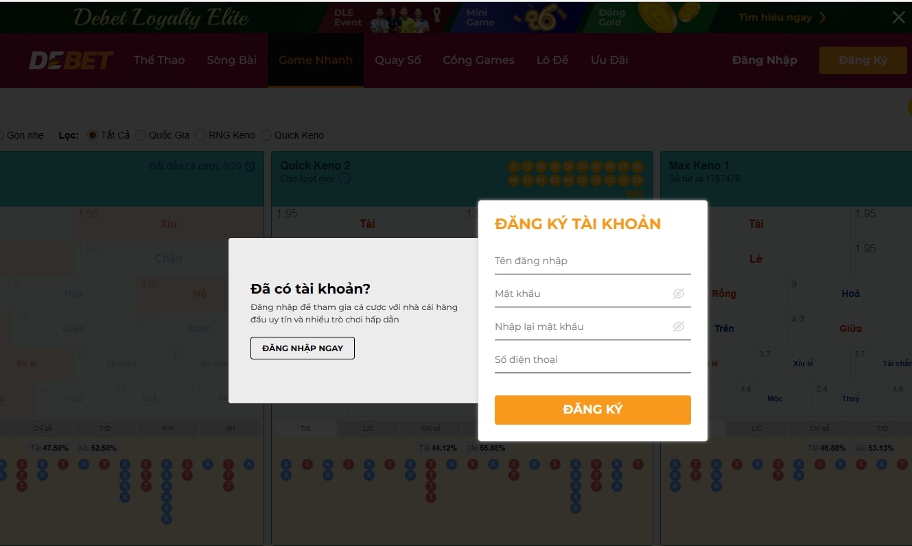 Đăng nhập hoặc đăng ký tài khoản để nạp tiền cá cược trên Debet