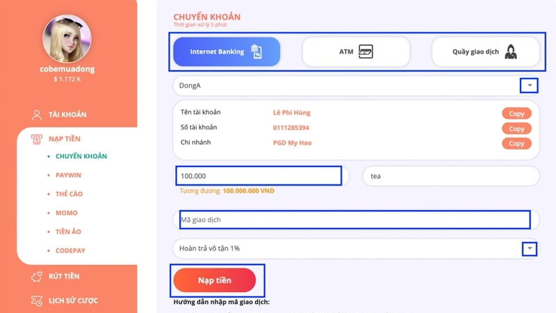 Đa dạng hình thức nạp tiền cho người chơi lựa chọn
